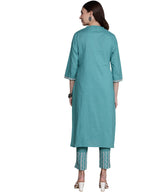 Ziyaa Women'S Cotton Women'S'S Teal Blue Straight Kurta And Pant Set