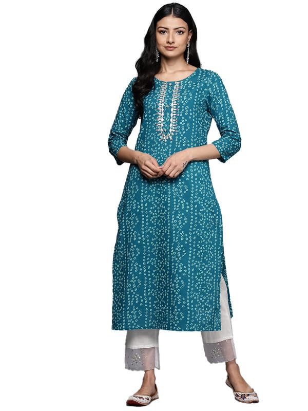 Varanga Women's Cotton Kurti for Women - Turquoise Blue Bandhani Printed Kurta - You Can Wear As Regular Wear, Office Wear (Doub