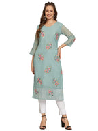 Ekasya WomenS Georgette Straight Cut Round Neck Kurta With Beautiful Floral Embroidery Work - Elegant Design, Comfortable Fit, 