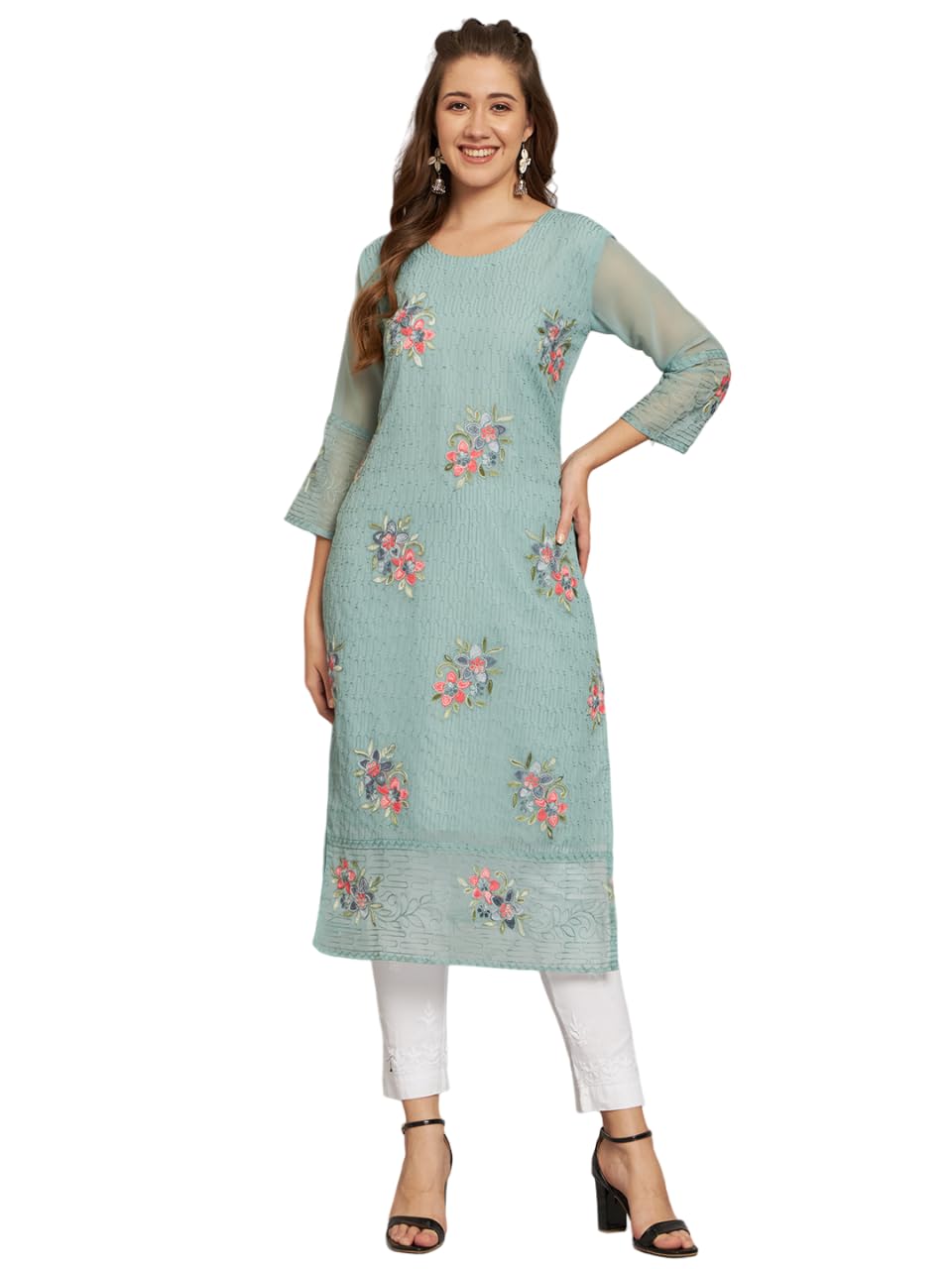 Ekasya WomenS Georgette Straight Cut Round Neck Kurta With Beautiful Floral Embroidery Work - Elegant Design, Comfortable Fit, 