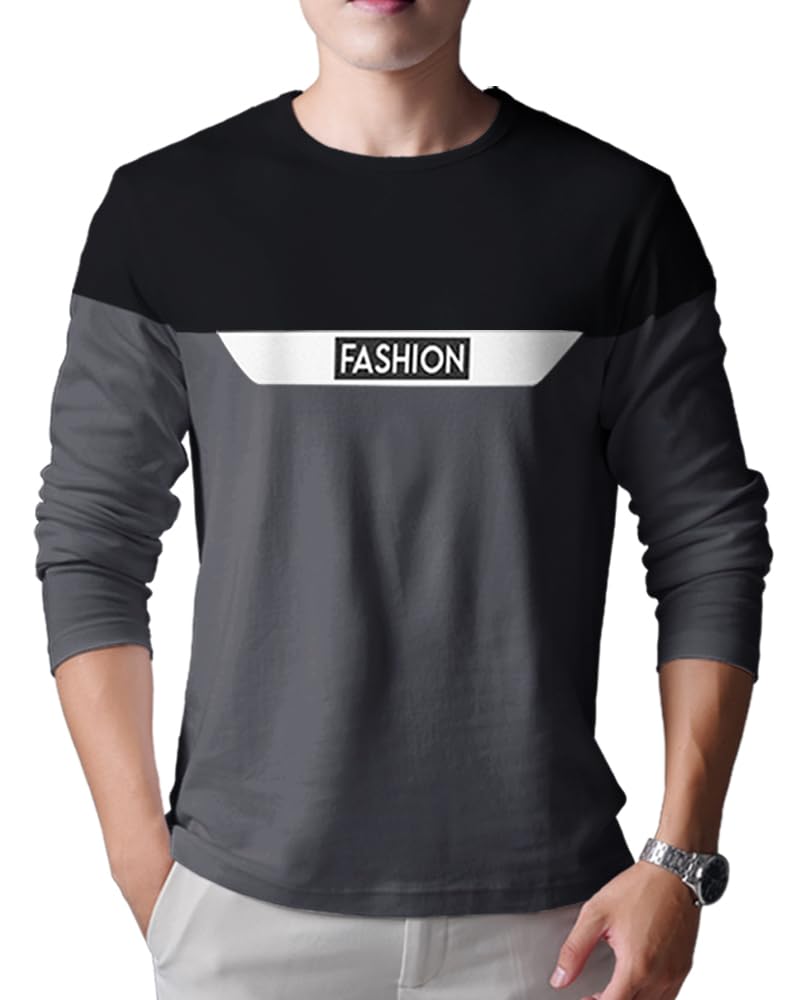 Noble Monk Men Full Sleeve Round Neck T-Shirt | Printed Sleeves |Regular Fit Tshirt For Men