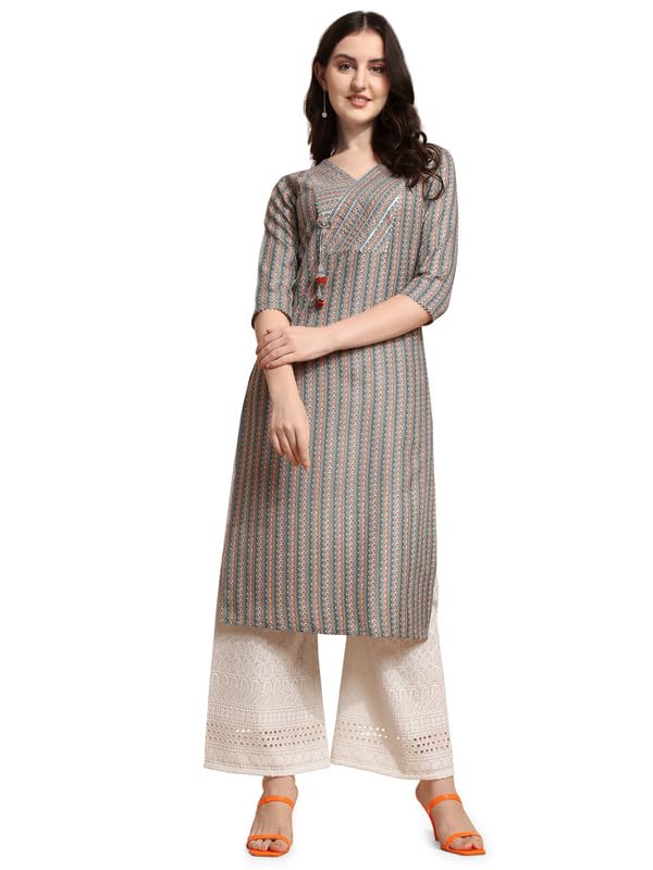 Nainvish Women'S Cotton Blend Straight V-Neck Printed Kurta (Sd417_K-S._Grey)