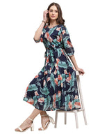 Preneum WomenS Maxi Fit & Flare Latest Style Print Georgette Regular Sleeves Casual |Summer Festival & Occasion Maxi Gown,Navy 