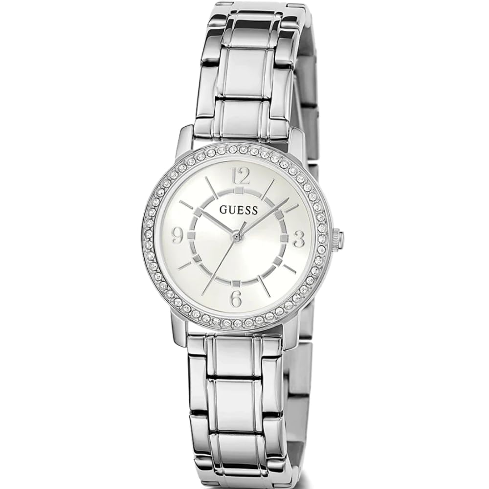 GUESS Ladies 28mm Watch - Silver Tone Bracelet Silver Tone Case White Dial