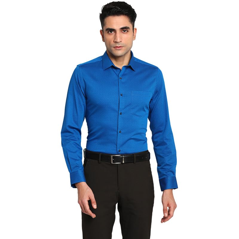 Turtle Men Cotton Blue Slim Fit Self Design Formal Shirts