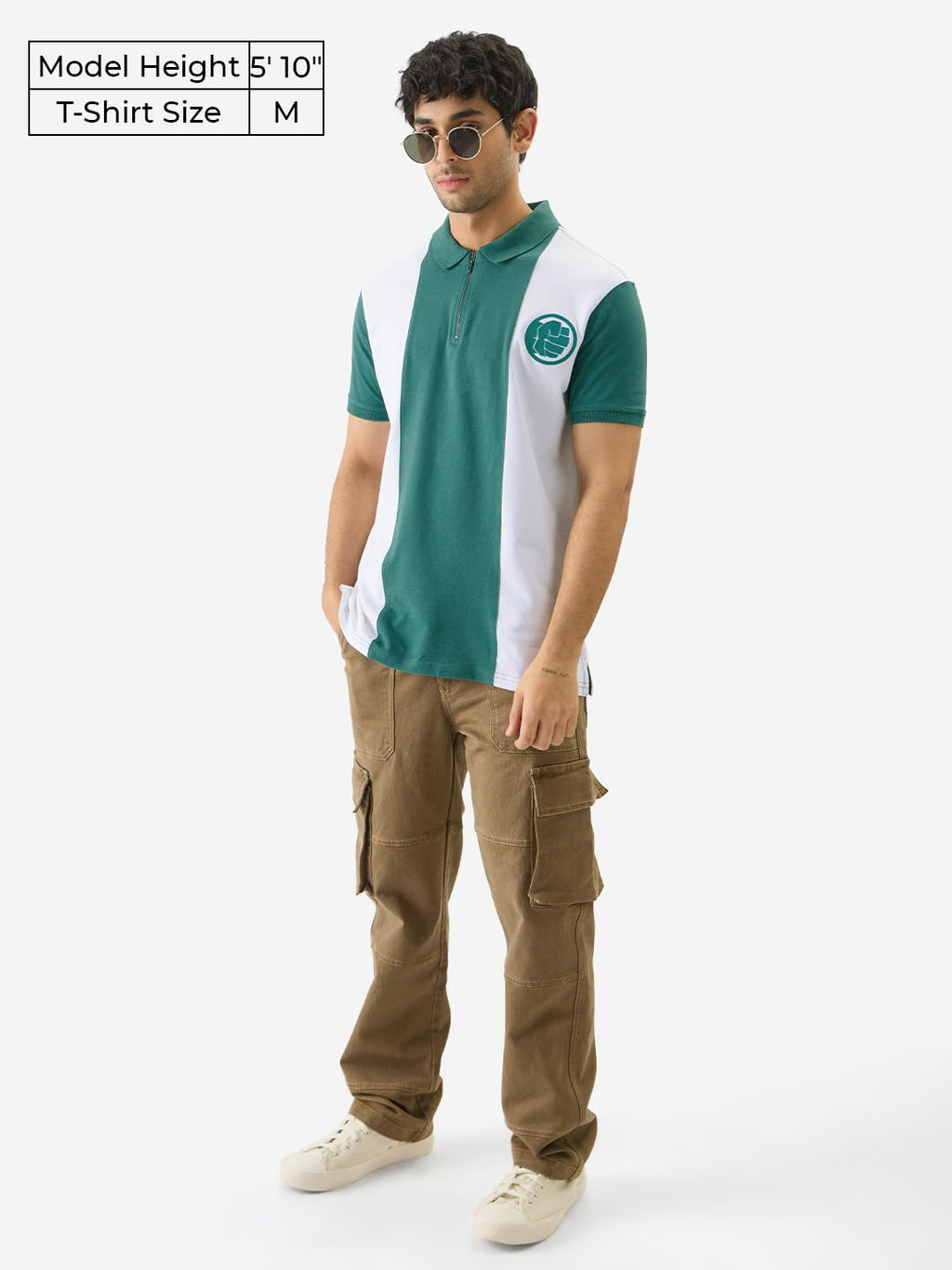 The Souled Store Official Hulk: Logo Colour Block Short Sleeve Collared Neck Green and White Regular Fit Cotton Zipper Polos for
