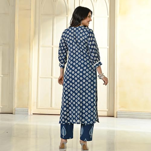 ANNI DESIGNER Womens Cotton Blend Straight Printed Kurta with Pant (Nagina Blue_S_Purple_Small)