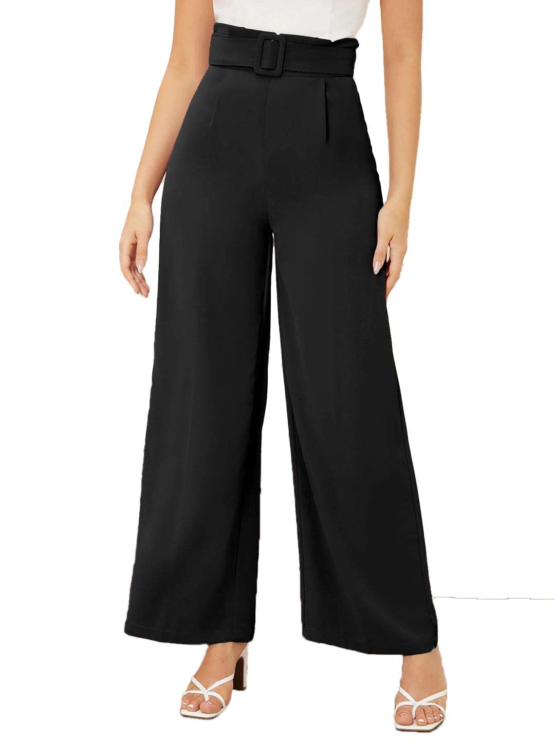 KOTTY Womens High Rise Viscose Rayon Flared Fit Solid Trousers Jet Black