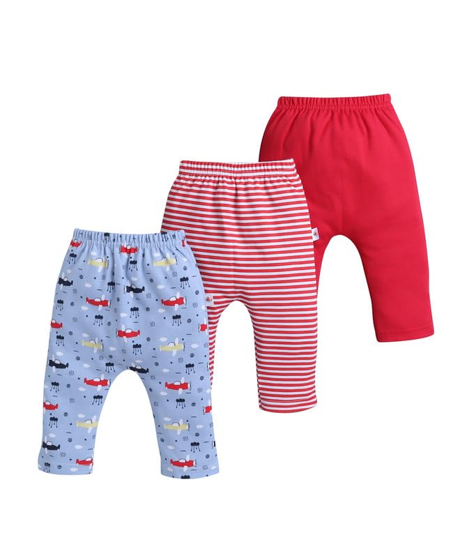 BUMZEE Baby Boys Cotton Diaper Pants/Leggings/Pyjamas Sky Blue & Red - New Born (Peb10429A-sbl)