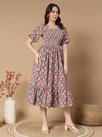 Kzully | Colorful Floral Print Midi Dress | Smocking And Elastic Comfort | Stylish Woman Wearing A Pretty Printed Flower | Trend