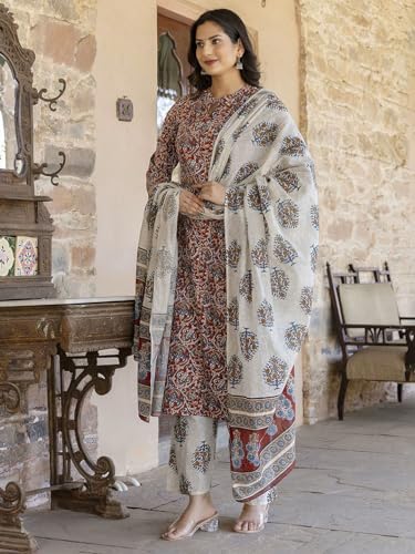 ANNI DESIGNER Womens Cotton Blend Printed Straight Kurta Plazzo with Printed Dupatta (Aabina Maroon_M_Maroon_Medium)