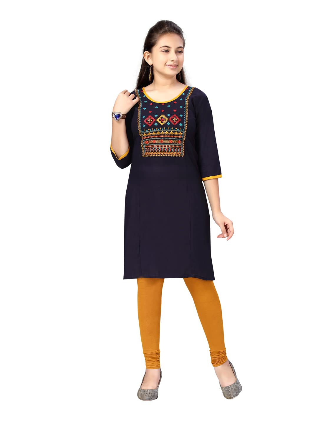 Aarika Girls Cotton Kurti Legging Set (KL-H-3_Navy Blue-Mustard_34)
