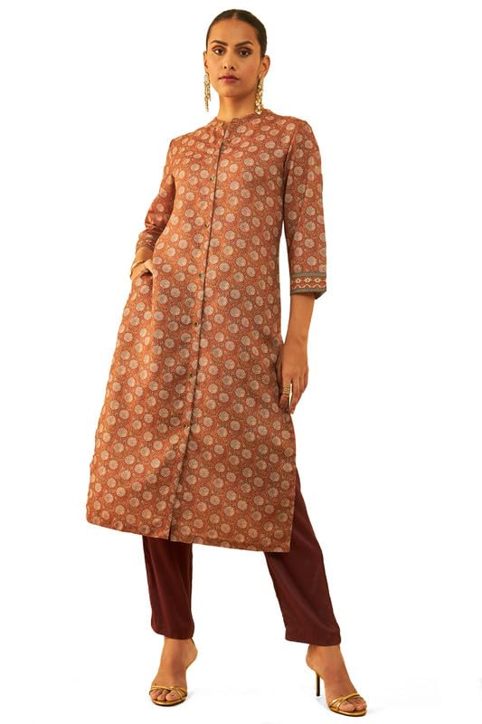 Soch Womens Brown Rayon All-Over Floral Print Straight Kurta With Pocket