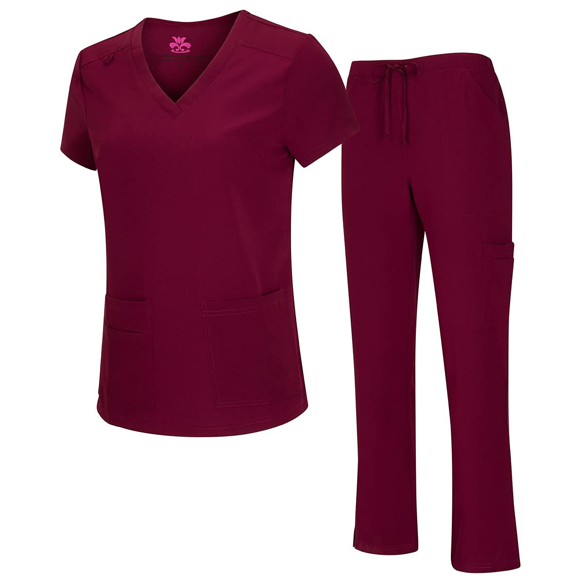 Natural Uniforms Womens cool Stretch V-Neck Top and cargo Pant Set (Burgundy, Small)