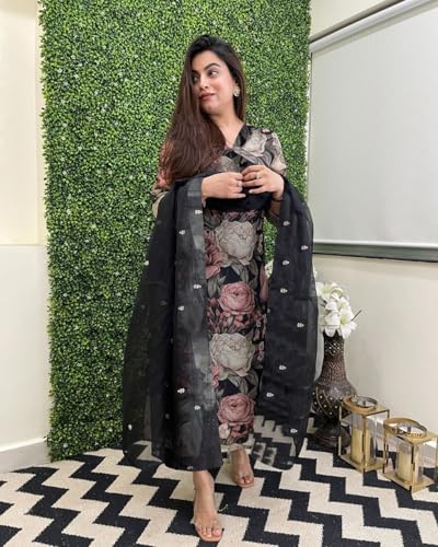 ANNI DESIGNER Womens Cotton Blend Straight Printed Kurta with Pant & Dupatta (Poona Black_4XL_Black_XXXX-Large)