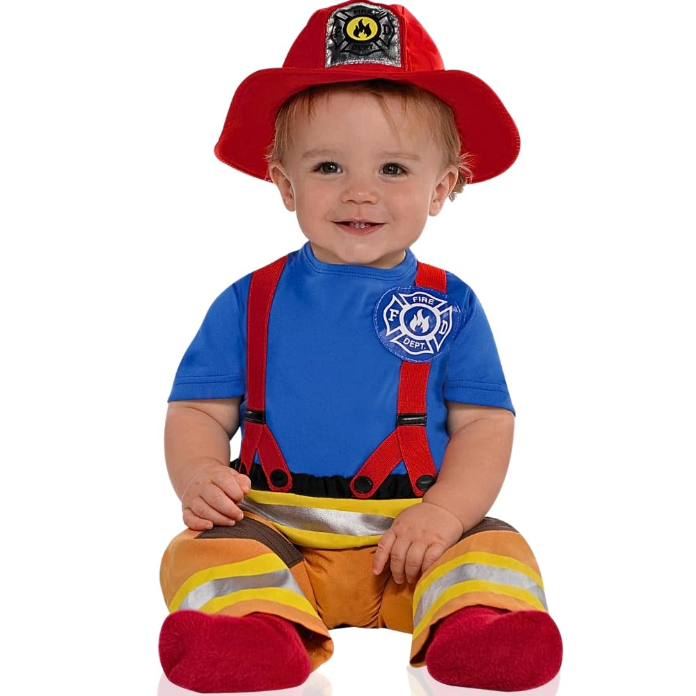 amscan First Fireman Halloween Costume for Babies, 6-12 Months, with Red Hat and attached Suspenders and Badge