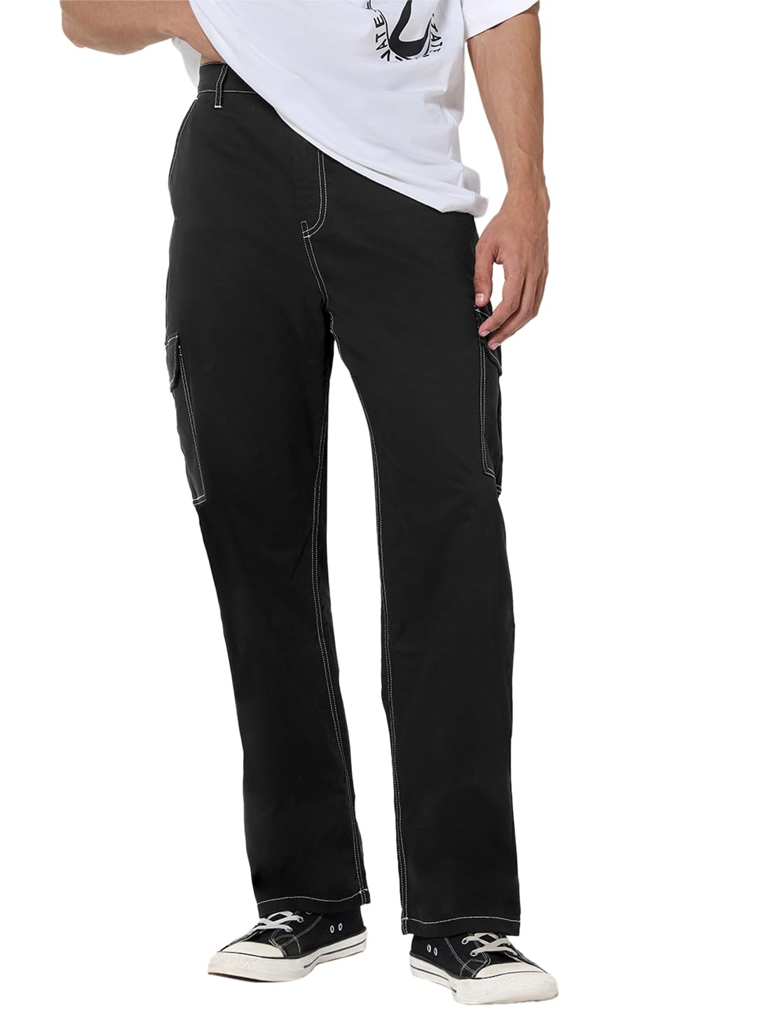 Bewakoof Mens Solid Wide Leg Cotton Casual Pants_685204_Black_30
