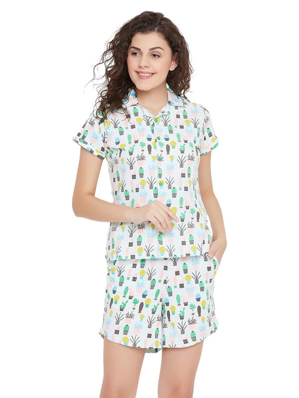 Clovia Womens Cotton Printed Shirt & Shorts Set (LS0094A03_Blue_L)