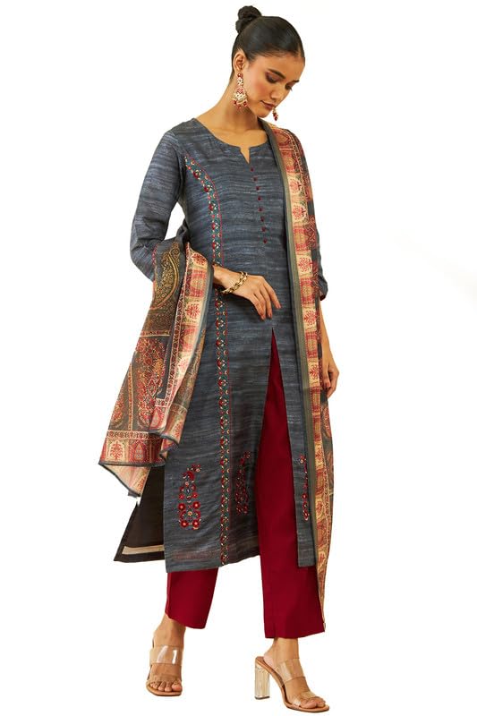 Soch Womens Charcoal Silk Blend Floral Embroidered Straight Kurta Suit Set
