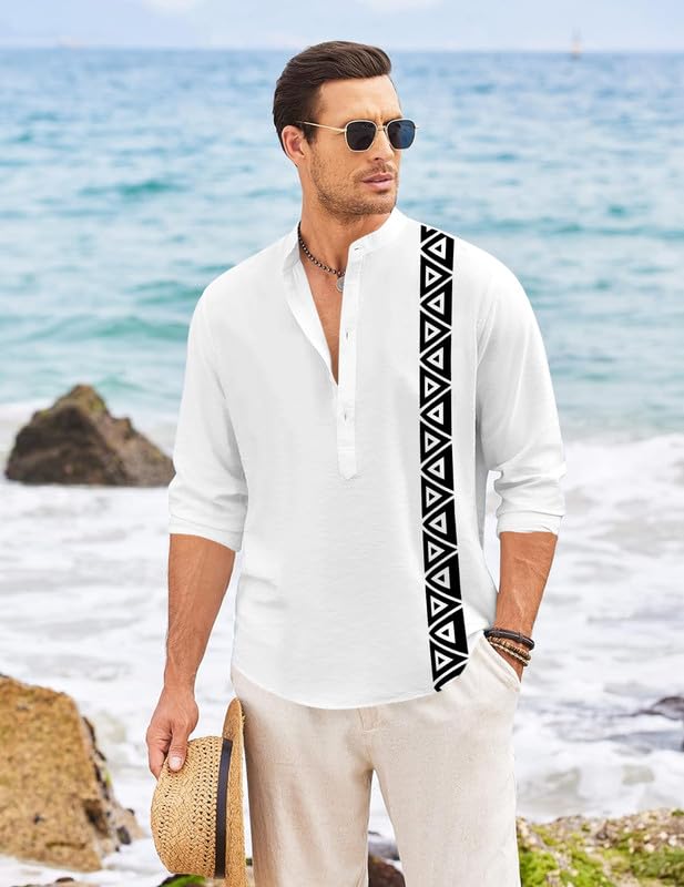 Finivo Fashion MenS Short Kurta With Printed Geometric Side Panel | Cotton Blend Full Sleeve Ethnic Topwear With Mandarin Collar