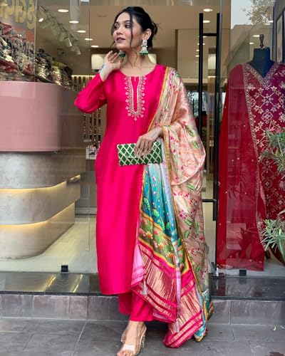 ANNI DESIGNER Womens Rayon Blend Embroidered Straight Kurta with Pant & Dupatta (OCB Pink_VKS-01_S_Pink_Small)
