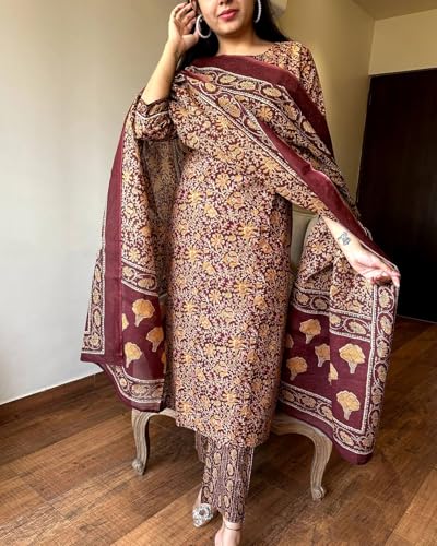 ANNI DESIGNER Womens Rayon Blend Straight Printed Kurta with Pant & Dupatta (Maslona Maroon_L_Maroon_Large)