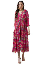 Soch Womens Fuchsia Chinon Floral Print Gathered Dress With Mirror Work