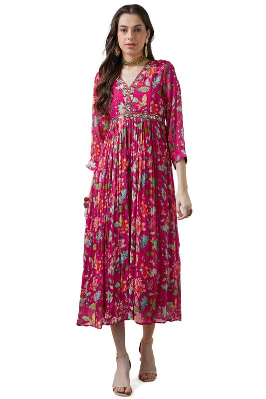 Soch Women Chinon Floral Print Gathered Dress with Mirror Work