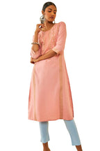 Soch Womens Peach Rayon Ethnic Motifs Printed Straight Kurta With Beads