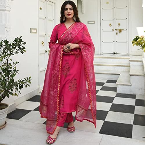 ANNI DESIGNER Womens Cotton Blend Straight Kurta with Pant & Dupatta (Garden Pink_L_Pink_Large)