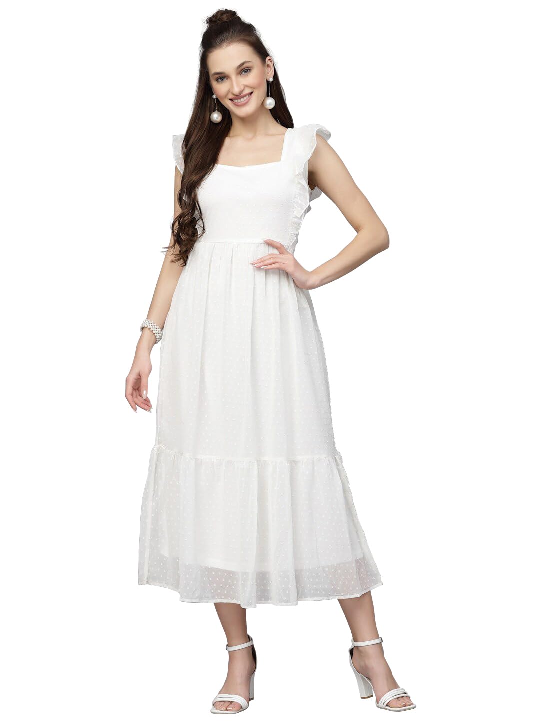 Sugathari Georgette Jacquard Butti White Square Neck Knee Length Western Dresses for Women (Dress2 89 White L)