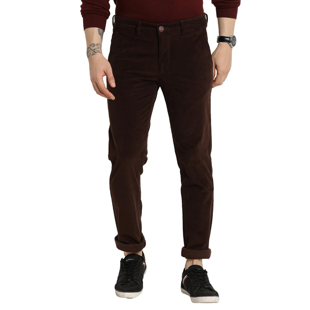 Turtle Men Corduroy Solid Ultra Slim Fit Brown Casual Trouser