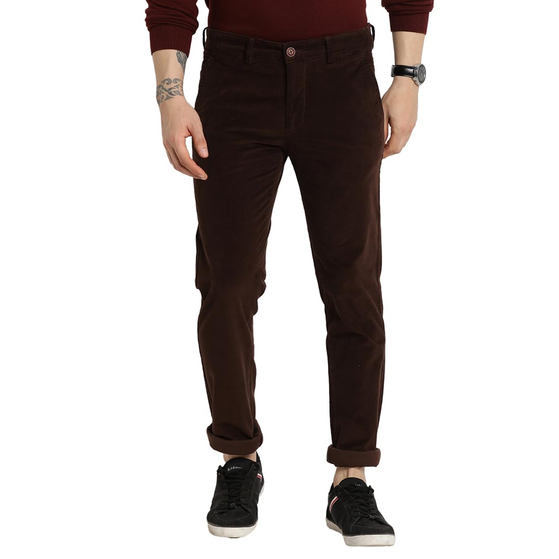 Turtle Men Corduroy Solid Ultra Slim Fit Brown Casual Trouser