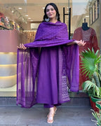 ANNI DESIGNER Womens Rayon Viscose Anarkali Printed Kurta with Pant & Dupatta (Hamlet Begani_S_Begani_Small)