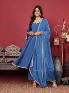 Varanga Round Neck Embroidered Anarkali With Tonal Bottom And Dupatta.