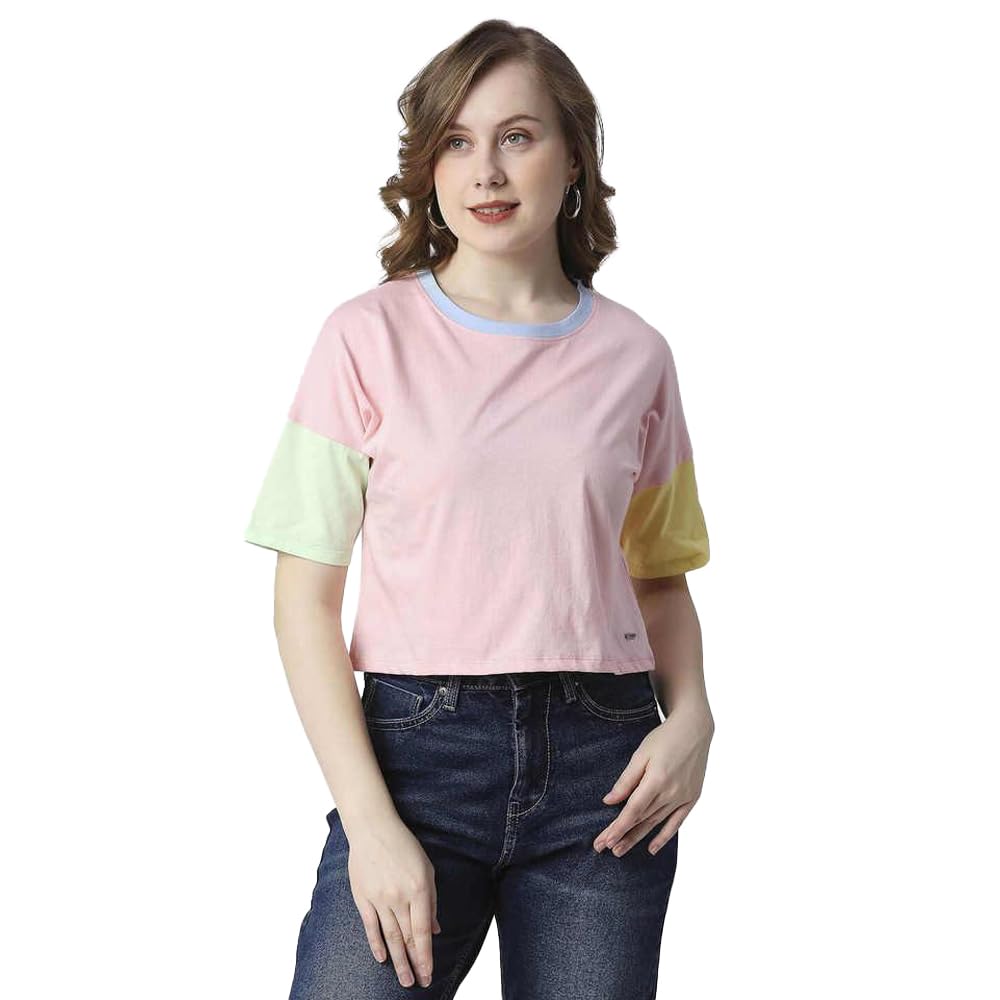 Pepe Jeans Color Block Cotton Round Neck WomenS T-Shirt (Pink, Xl)