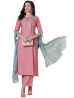 ANNI DESIGNER Womens Rayon Viscose Embroidered Straight Kurta with Pant & Dupatta (Meja Pink_L_Pink_Large)