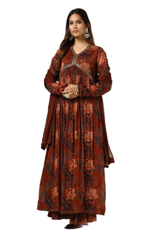 Soch Women Chinon Floral Print Suit Set with Faux Mirror and Sequins