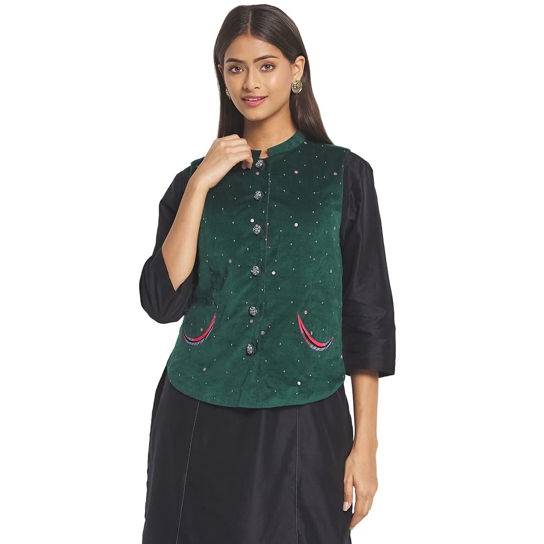 Fabindia WomenS Viscose Embroidered Regular Bundi (102773301_Green