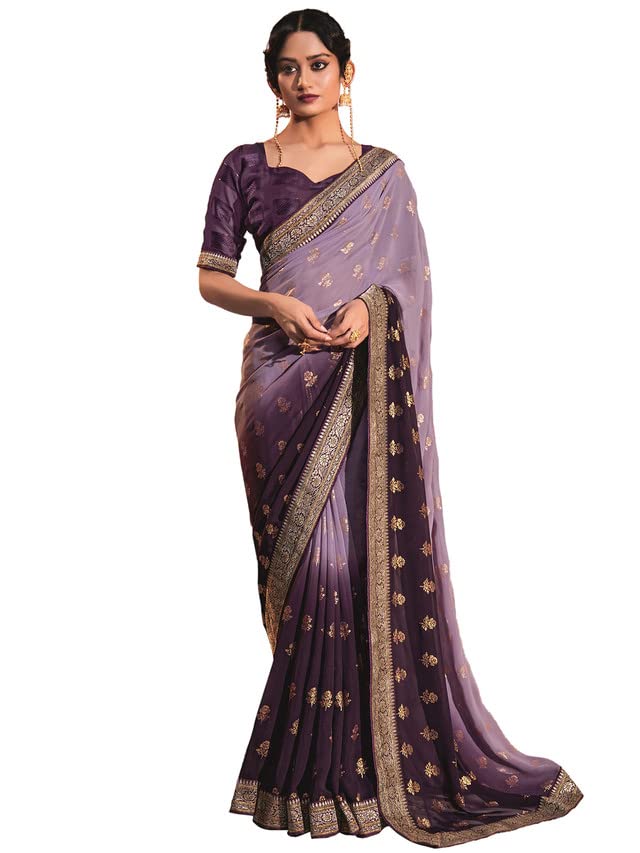 Satrani Womens Georgette Lace & Foil Printed Saree with Unstitched Blouse Piece (2826S478NA_Wine & Light Purple5)