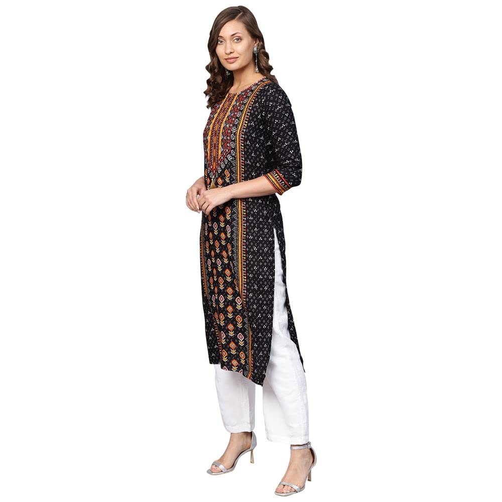 Anubhutee Women'S Rayon Black Sequinned Geometric Printed Straight Kurta
