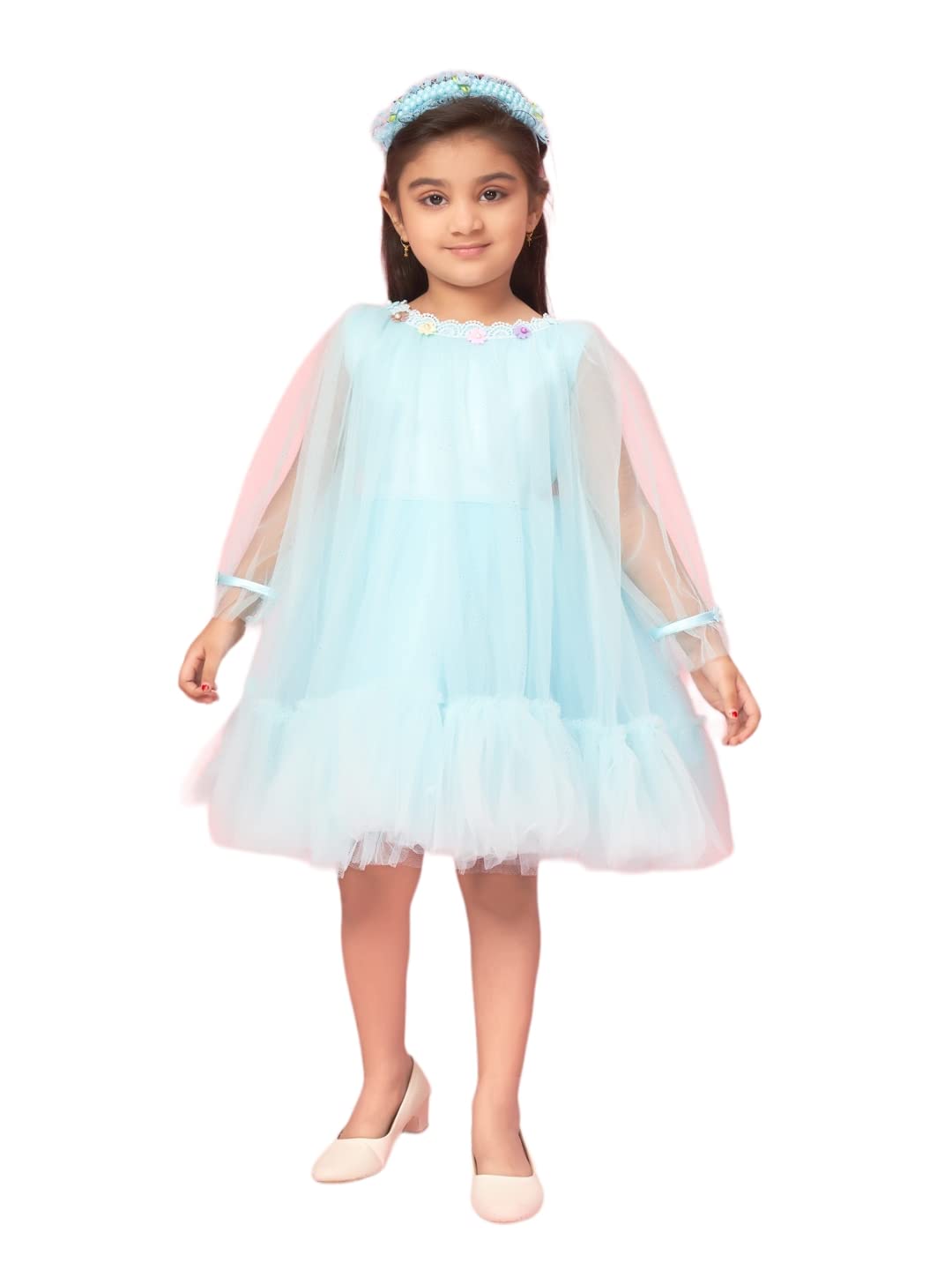 Aarika Baby-Girls Net Fit and Flare Above The Knee Dress (New_FK-16009_Firozi
