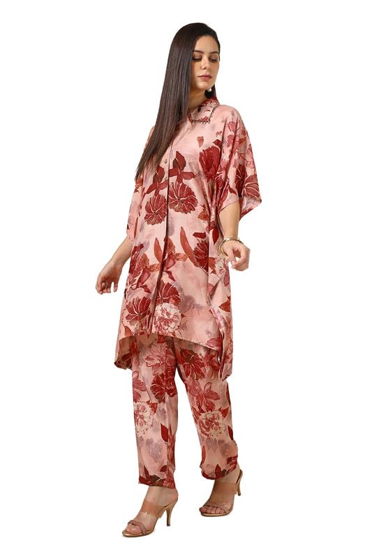 Soch Womens Peach Muslin Blend Floral Print Kaftan Suit With Beads