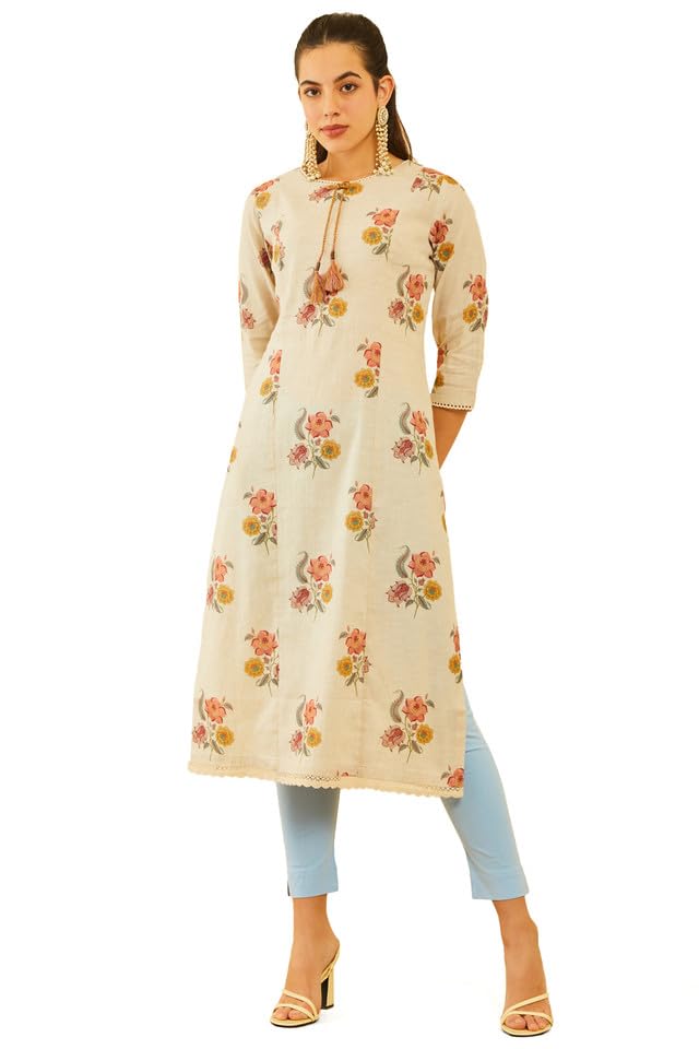 Soch Women Linen Floral Printed Panelled Kurta with Tassels