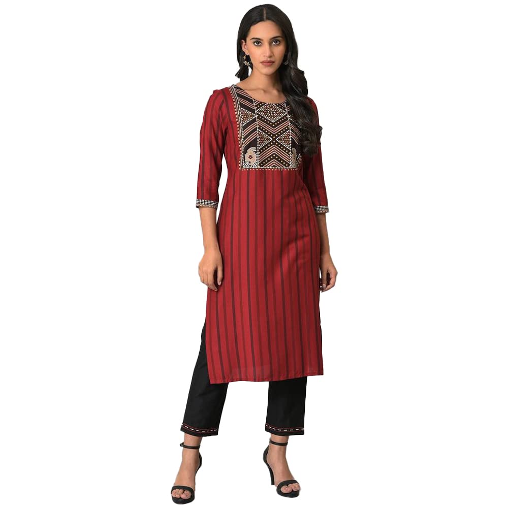 W For Woman Red Stripe Kurta With Embellished Yoke_23Few18157-118728_M
