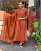 ANNI DESIGNER Womens Rayon Viscose Anarkali Printed Kurta with Pant & Dupatta (Hamlet Orange_S_Orange_Small)