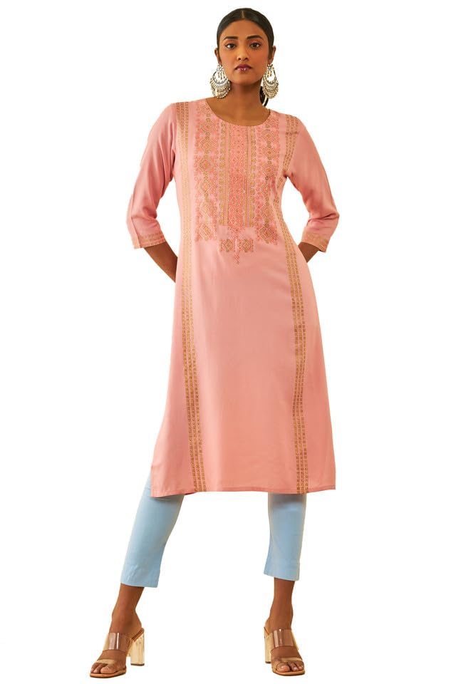Soch Women Rayon Ethnic Motifs Printed Straight Kurta with Beads