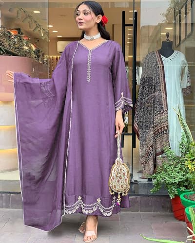 ANNI DESIGNER Womens Rayon Viscose Anarkali Embroidered Kurta with Pant & Dupatta (Ranibai Purple_L_Purple_Large)