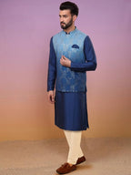 Kisah MenS Kurta Jacket Trouser Set, Navy Blue Cotton Blend, Embroidered Regular Fit Mandarin Collar Long Sleeves (40)