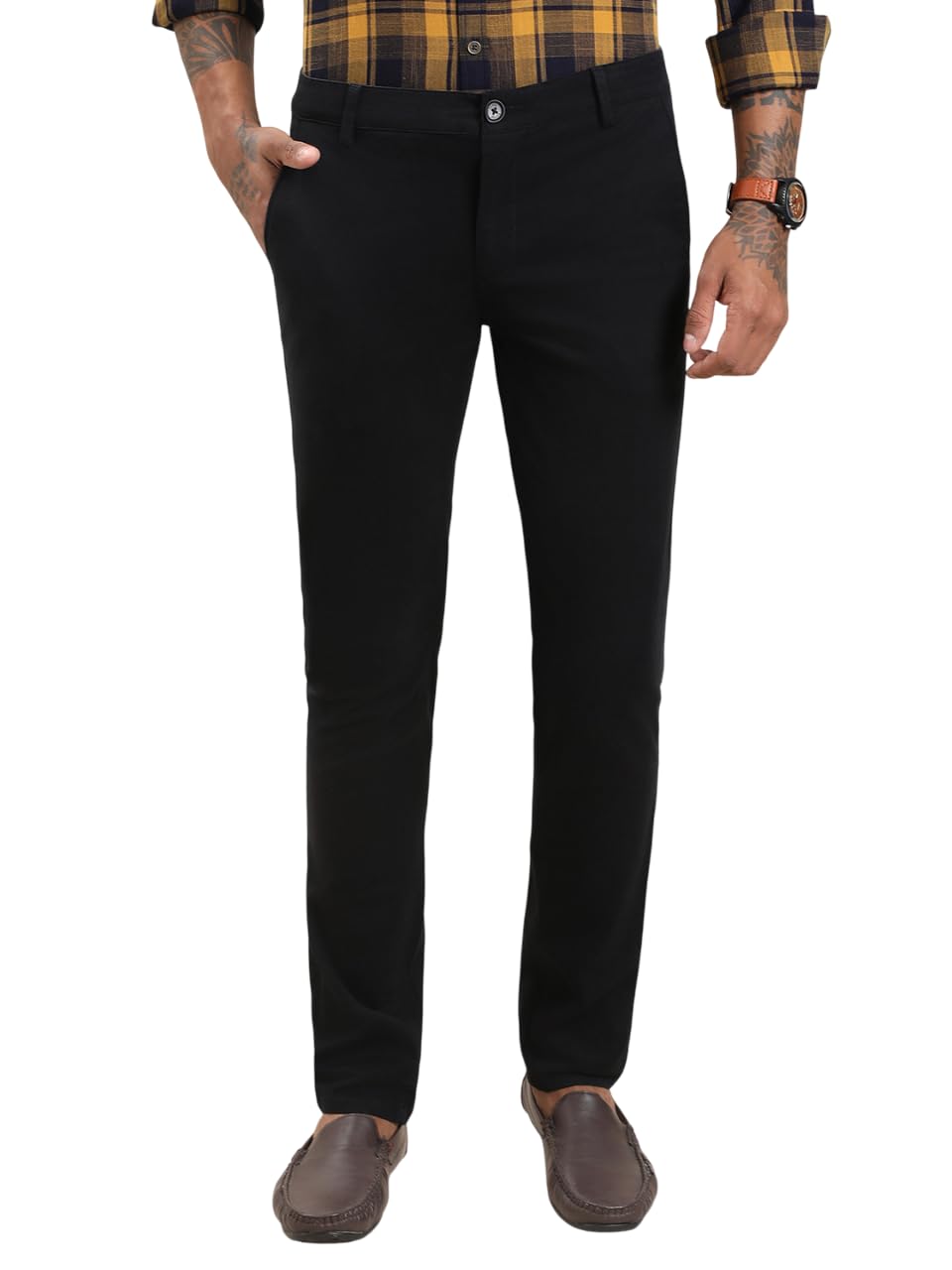 Turtle Men Cotton Stretch Ultra Slim Fit Black Flat Front Solid Casual Trouser